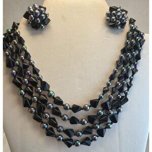 1950s Japan 4-Strand Bead Necklace & Earrings-Black Iridescent-Vintage Estate